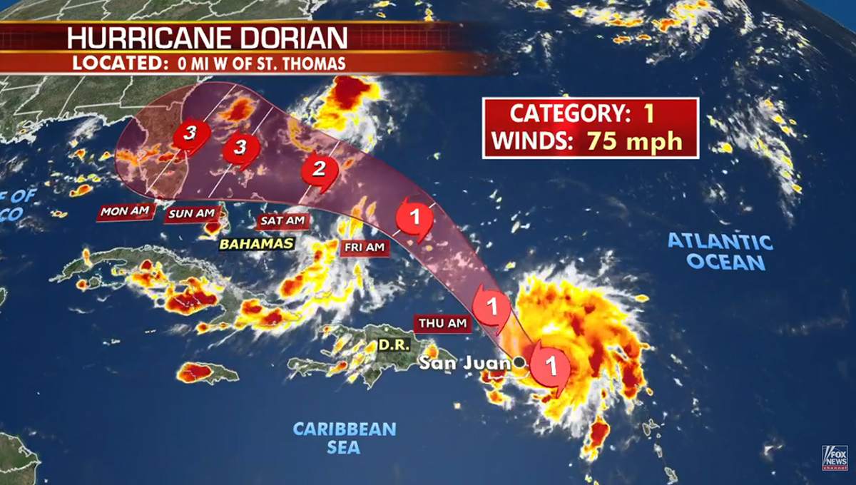 Tempestade tropical Dorian no caminho para atingir a Flórida