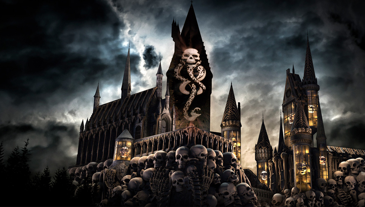 Espetáculo sombrio no castelo Hogwarts no Universal Orlando